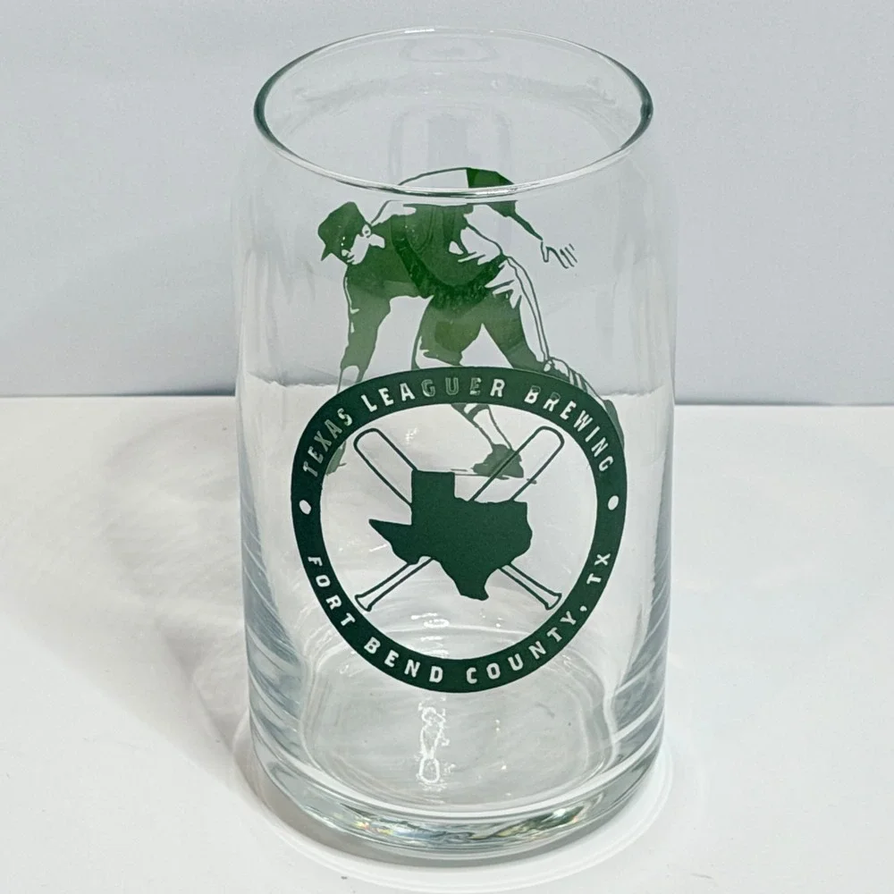 Texas Leaguer Brewing Co Beer Can Glass Fort Bend County TX Baseball Graphic